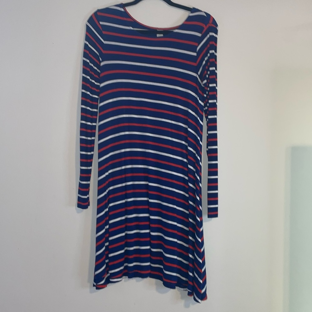 Navy, red, and white striped long sleeve dress